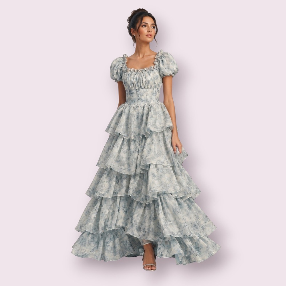 Blue Floral Tiered Ruffle Maxi Dress Fitted Bodice Cottagecore Bridgerton 12